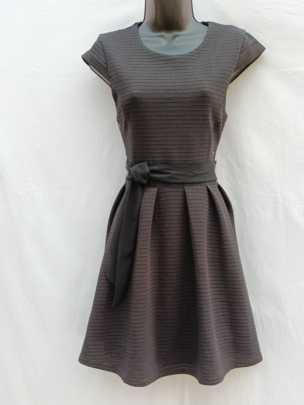twik Textured Classic Black Fit-and-Flare Dress with Waist Sash